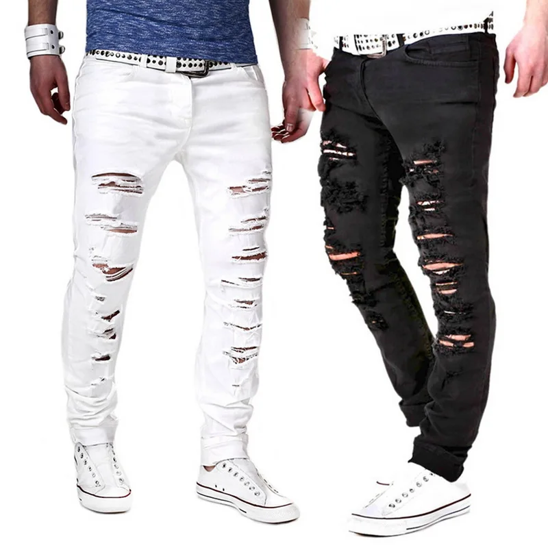 

Fashion Solid White Black Jeans Men Sexy Hole Jeans Male Casual Hip Hop Pants XY7
