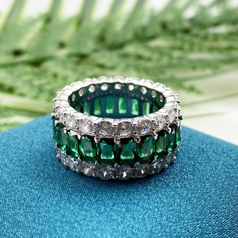 

Trendy Real 925 Sterling Silver Emerald Simulated Moissanite Diamond Ring for Women Men Wedding Fine Jewelry Wholesale Gift