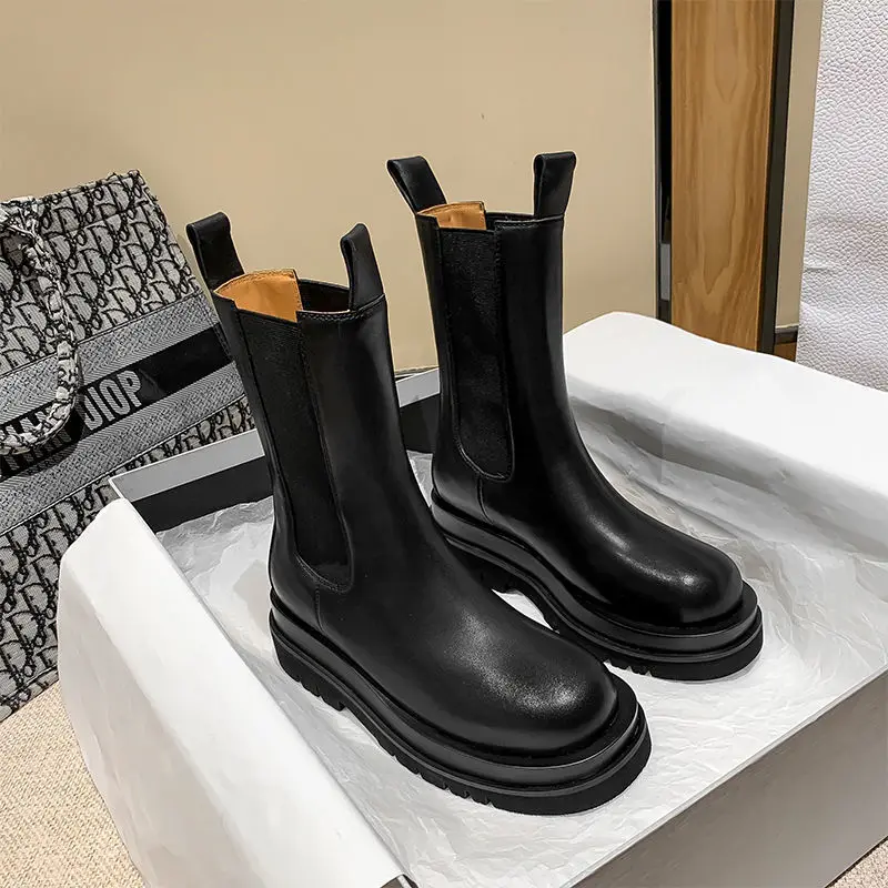 

shoes net red leather thick soled short boots women's middle boots boots women's Knight boots