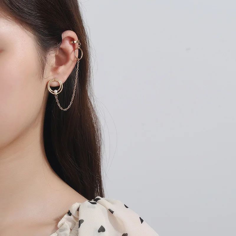 925 пробы серебряные серьги личности дизайн ухо клип круг Длинная цепочка уха