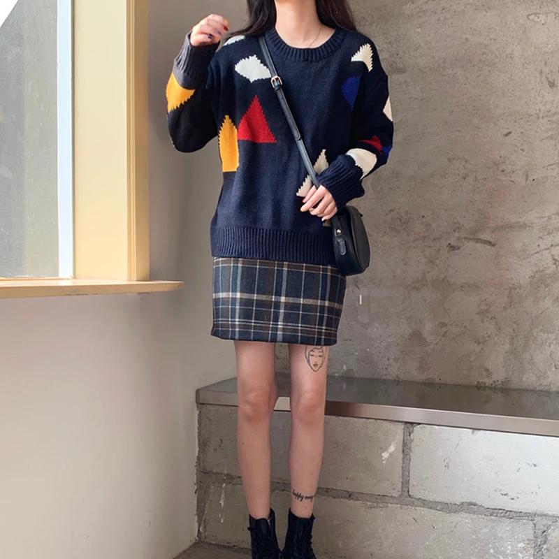 

Geometry Color Block Knitted Sweater Women Elegant O-Neck Autumn Winter Warm Casual Korean Harajuku Long Sleeve Preppy W148