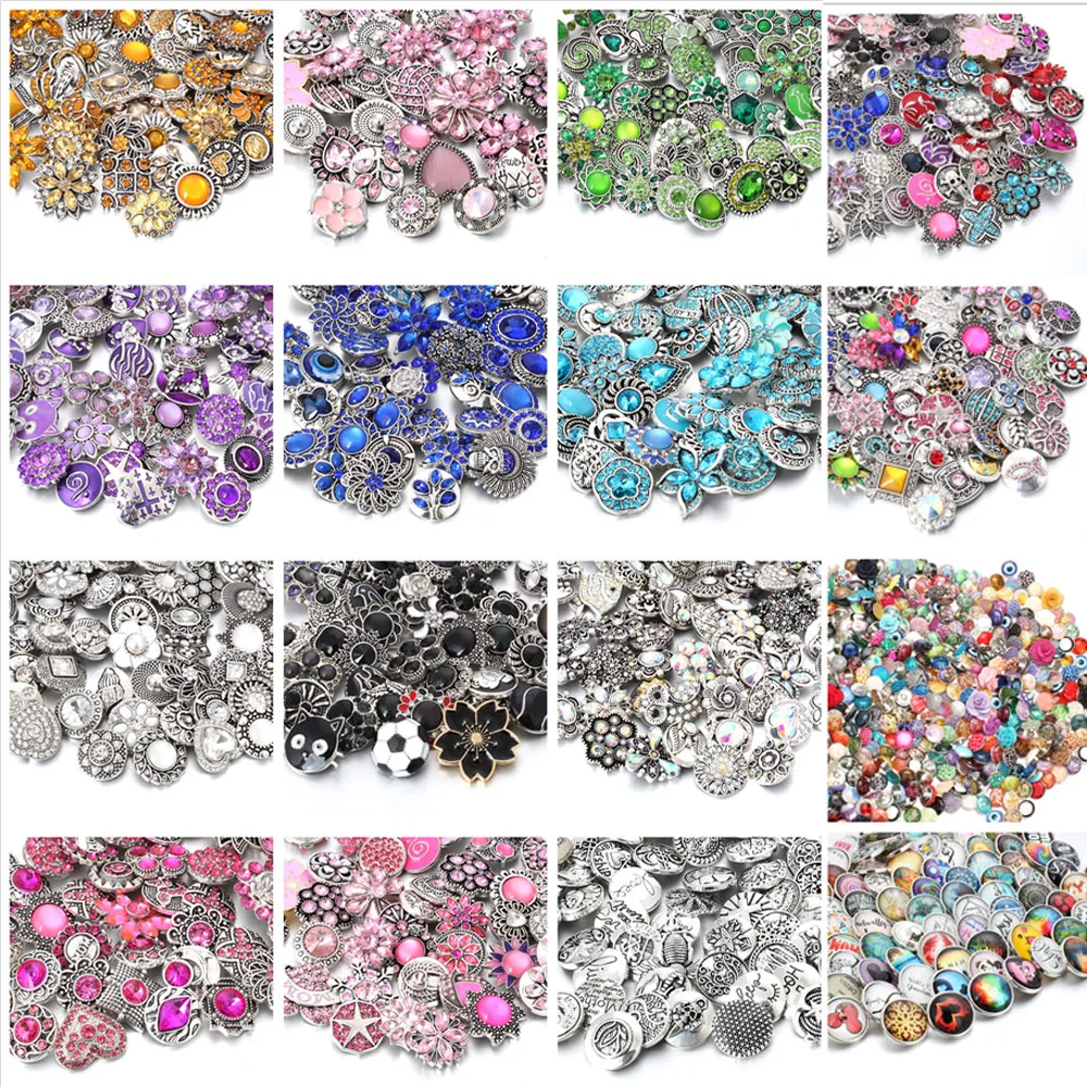 

Wholesale 10pcs/lot 18mm Snap Jewelry Mix Many Styles 18mm Metal Snap buttons Silver Color buttons Rhinestone Snaps Jewelry