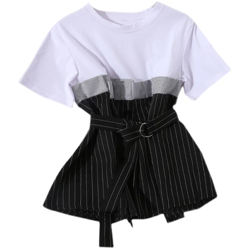 

to cover the belly brim accept waist false two female coat short sleeve T-shirt is fairy design feeling small wind