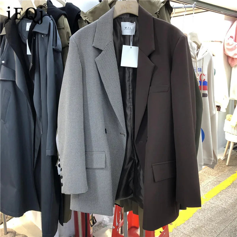 

IEQJ 2021 New Hong Kong Style Loose Patchwork Asymmetric Plaid Medium Length British Style Women's Autumn Blazer Fashion 3I195