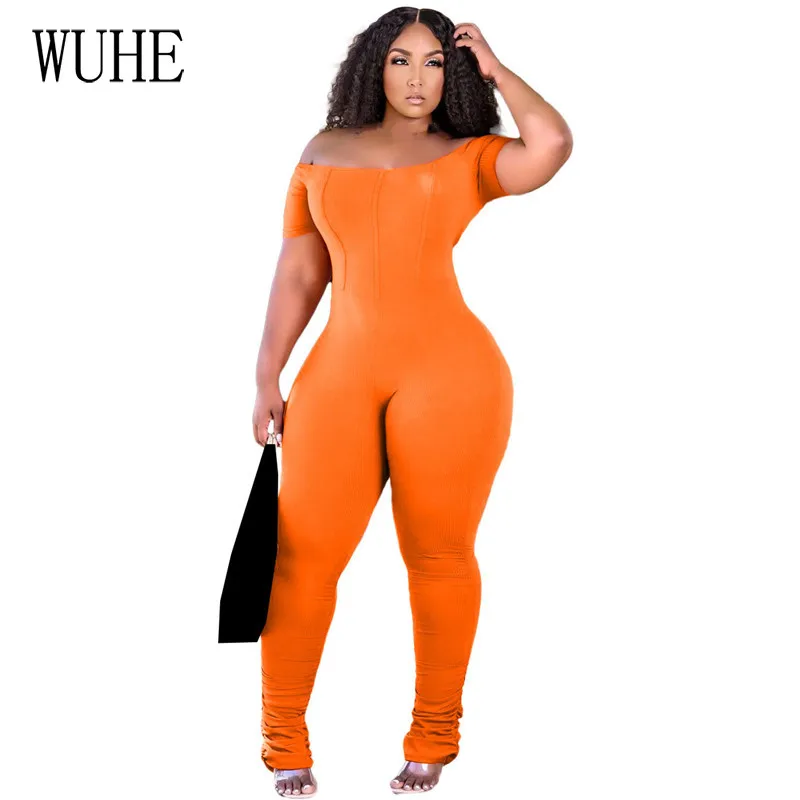 

WUHE Sexy Off Shoulder Rompers Womens Jumpsuit Short Sleeve Rib Bodycon Summer One Piece Club Outfits Streetwear Overalls