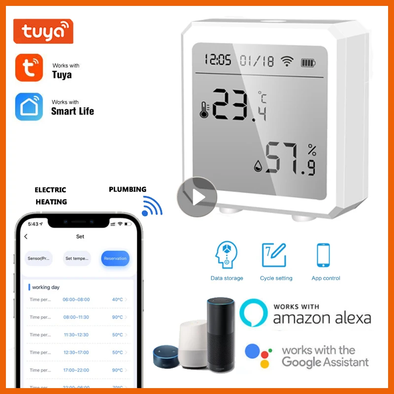 

Датчик температуры и влажности Tuya Wi-Fi, комнатный гигрометр, термометр с ЖК-дисплеем, поддержка Alexa Google Assistant