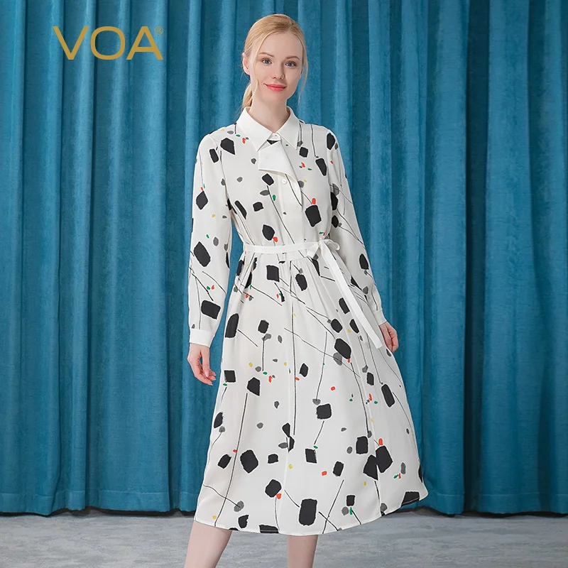 

VOA Spring Silk White Hand-Painted Printing Irregular Lapel Long Sleeve Single-breasted Bandage Midi Shirt Dresses Women AE360