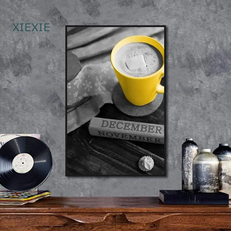 

Yellow Coffee Cup Black and White Dining Table Canvas Painting Decorative Poster for Hotel Living Room House Decoration