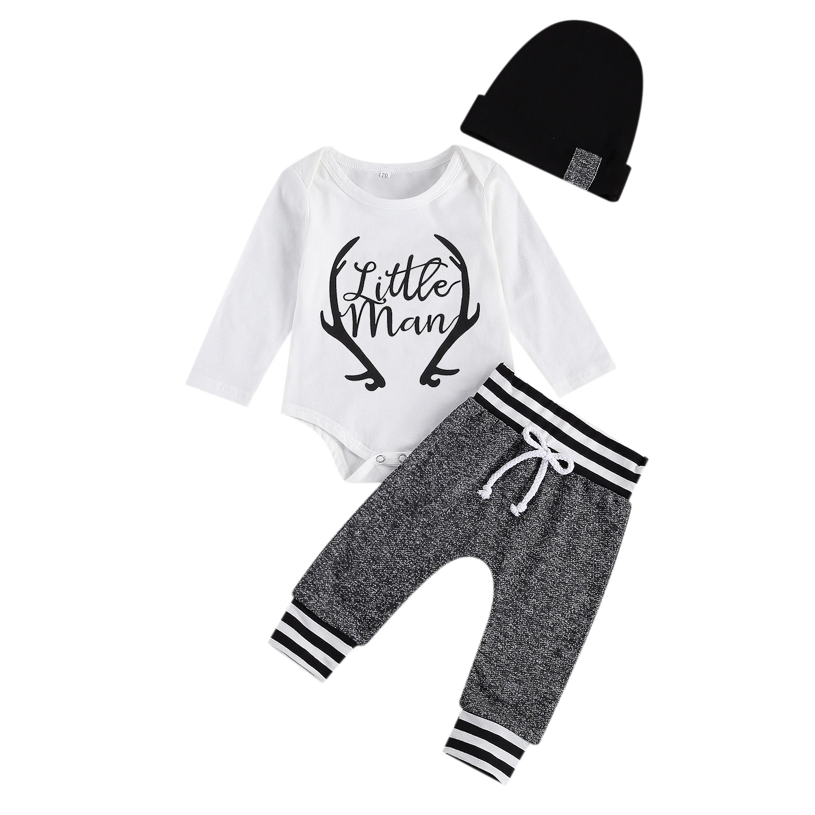 

BY Baby Antlers/Arrow Print Clothes Set, Long Sleeve O-neck Jumpsuit + Drawstring Waist Long Pants + Hat for Spring, Fall