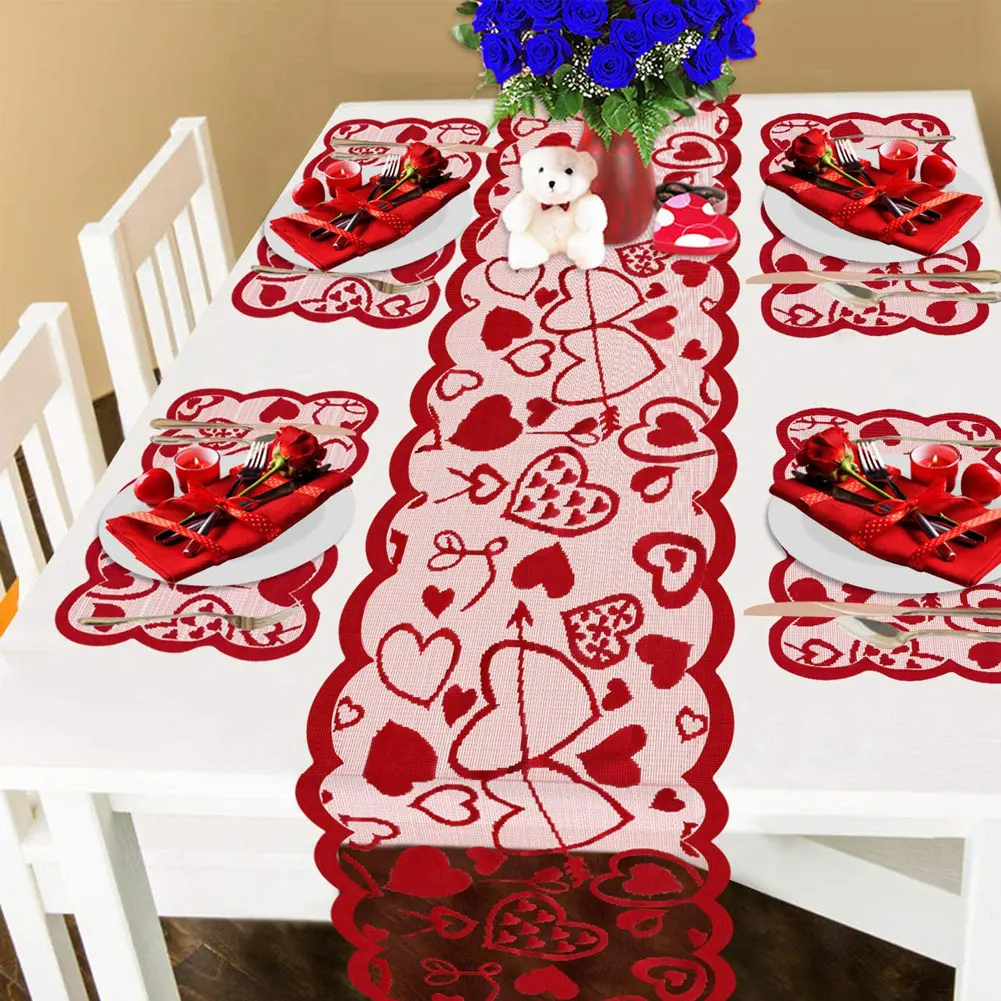 

Table Runners Red Lace Set Tablecloth Placemats Dresser Scarf Heart Valentine Ornament Festival Romantic Gifts Mothers Day 5PCS
