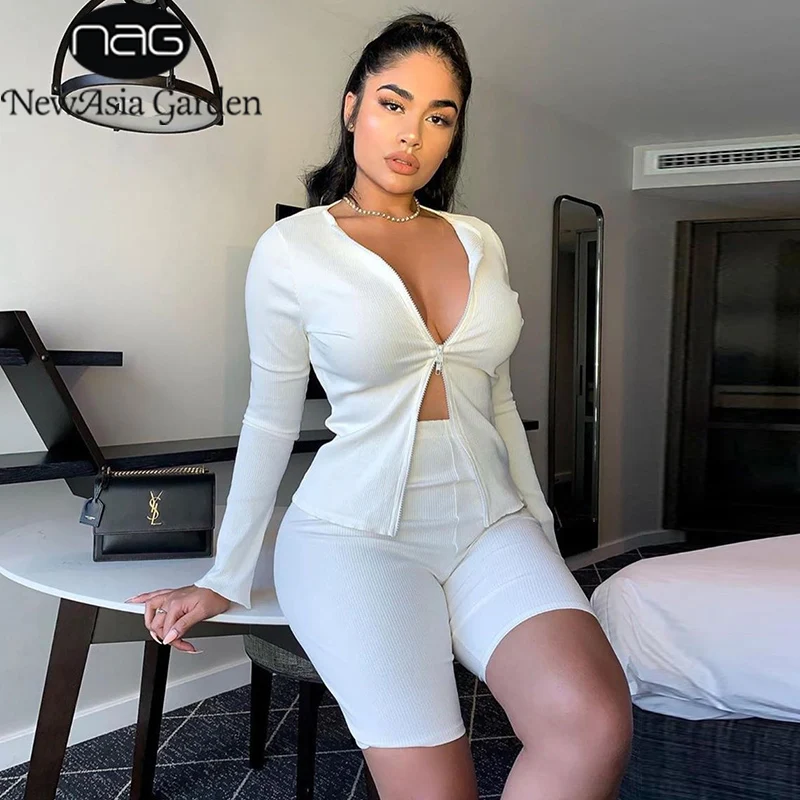 NewAsia Garden Double Zipper Two Piece Set T Shirt And Shorts Matching Sets Women Ribbed Long Sleeves Two Piece Outfits Black