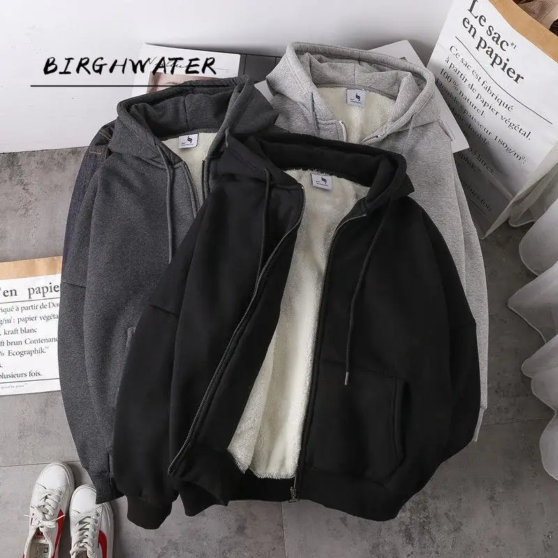 

Women sweatshirt solid color 2020 autumn winter new imitation lamb wool korean loose plus velvet thick zipper tops hoodie