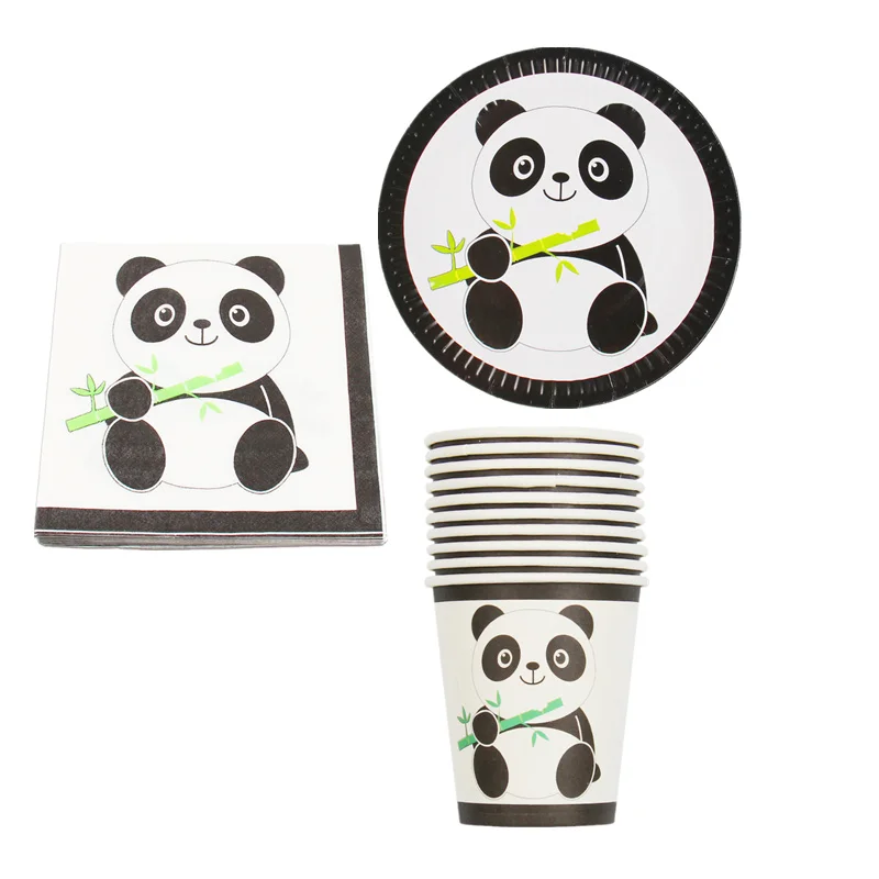 Panda 40 шт./партия, мультяшный единорог, бумажная тарелка+ бумажные чашки+ бумажные салфетки для 10 человек, мультяшный единорог, детский день рождения - Цвет: Panda