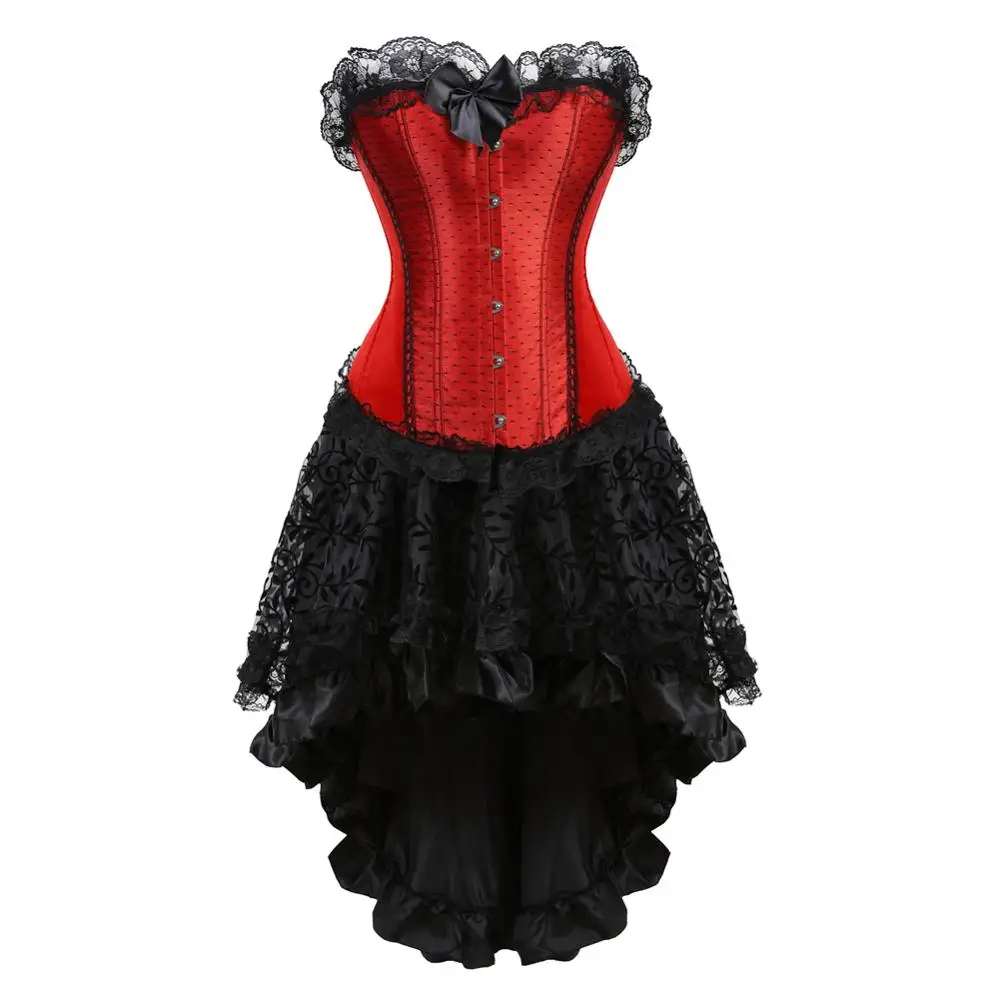 

Steampunk Corset Skirt Women Overbust Lace Overlay Bustier Dress Satin Wedding Corselet Festival Rave Carnival Party Clubwear