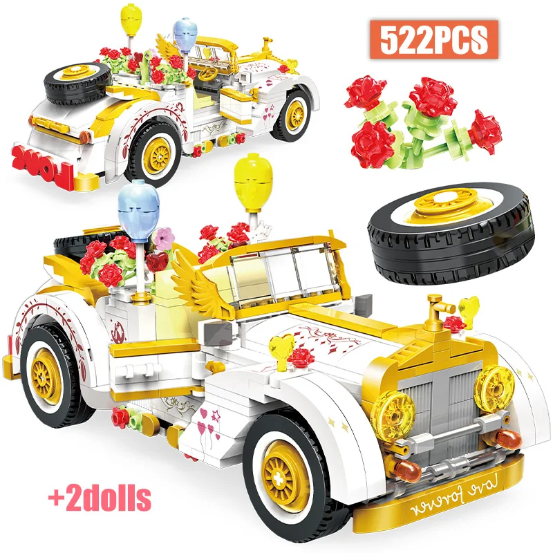 

City Friends Romantic Wedding Flowers Mini Car Model Building Blocks DIY Balloon Party Vehicle Figures Bricks Toys for Children