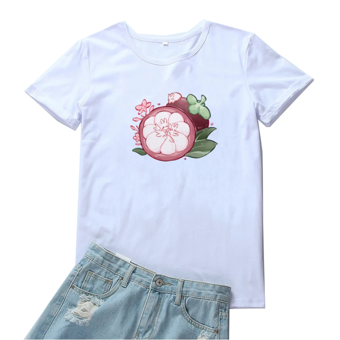 

Женская футболка с принтом кролика и мангостина, футболка в стиле Харадзюку с принтом фруктов, женские футболки с графическим принтом, женс...