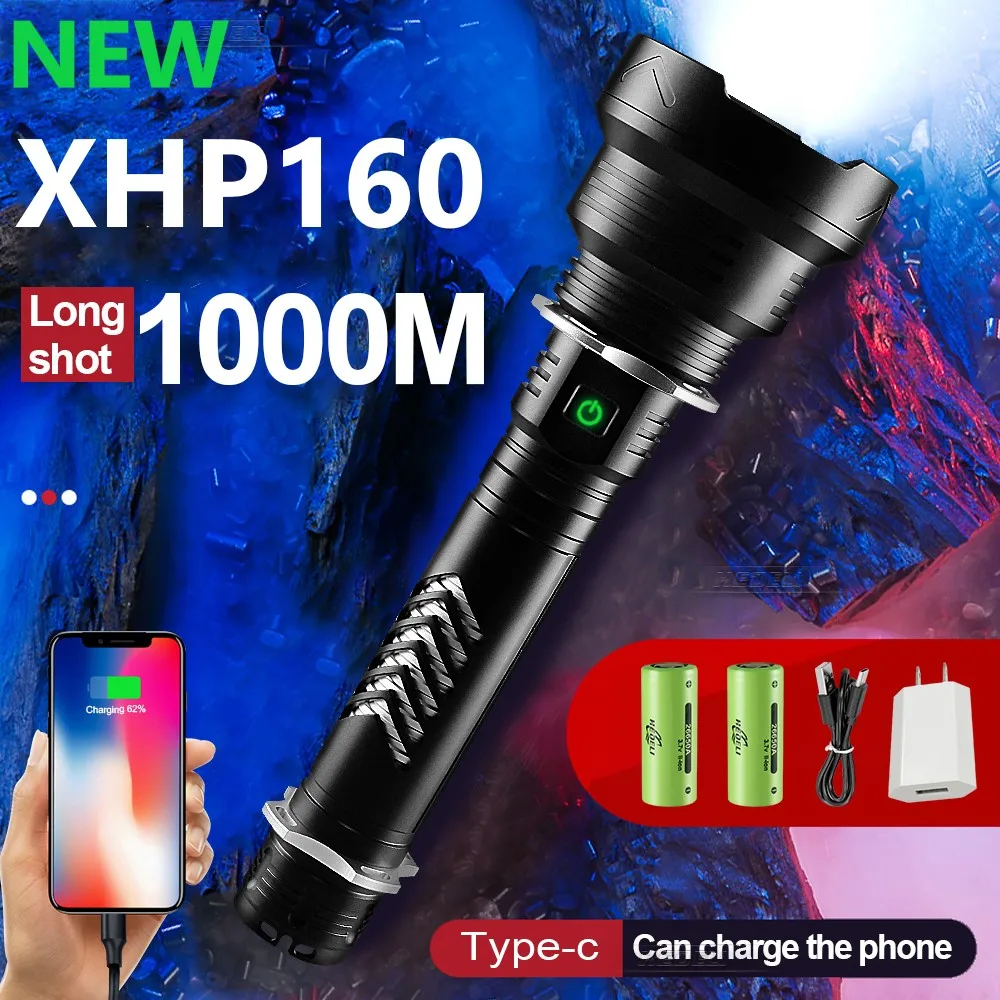 

Мощный светодиодный фонарик XHP160, Перезаряжаемый Usb фонарик 18650, светодиодный фонарики XHP90, Тактический Ручной фонарь, охотничий фонарь