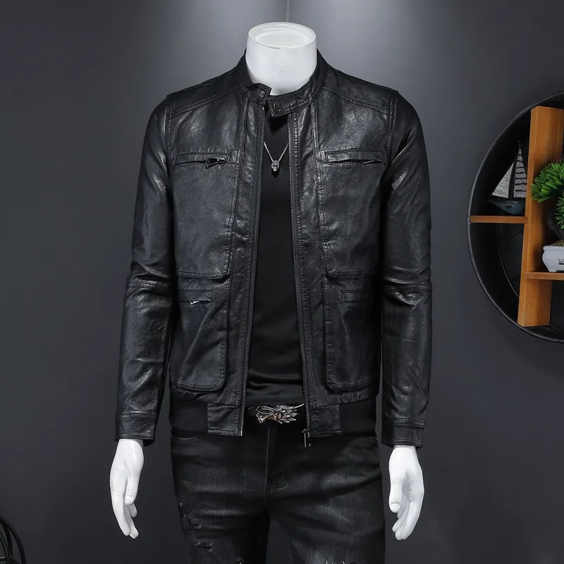 

Pop Leather Jacket Men Autumn Vogue Slim Fit Pu Jackets Mens Stand Collar Casual Coats Motorcycle Leather Jacket Streetwear