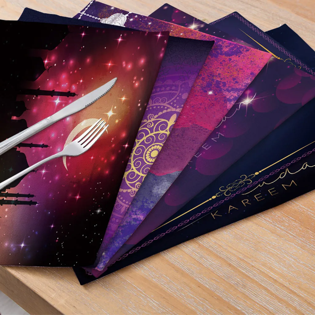 

Eid Al fitr Tablemat Dish Knife Fork Placemat Table Mat Muslim Ramadan Kareem Star Moon Castle Pattern Dining Mat Tableware
