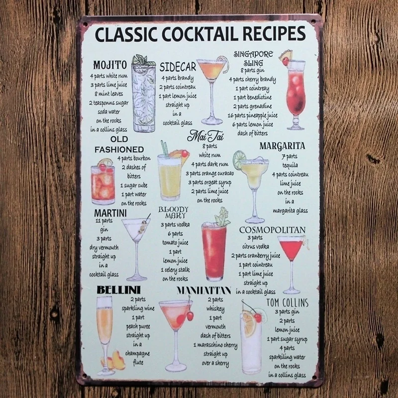 Металлическая жестяная вывеска 20*30 см Классические рецепты коктейлей наклейки