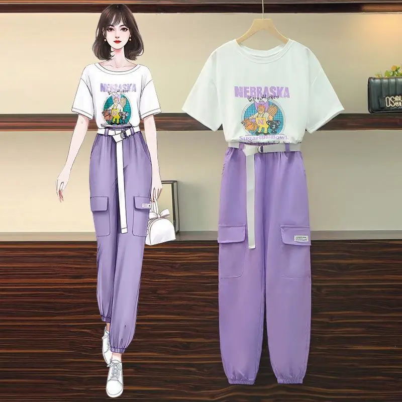 

4XL Plus Size Women's 2021 Summer New Overalls Suit Women Loose Casual T-shirts Look Thin Two-piece Trousers Sets fashion