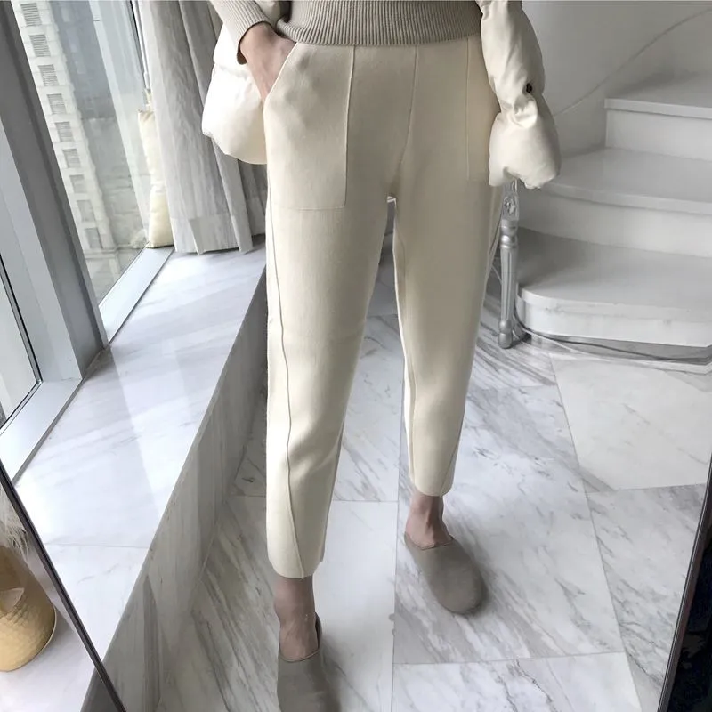 

Limiguyue Autumn Winter Casual Elastic Waist Loose Women Woolen Pants Pockets Ladies Harem Trousers Plus Size Beige Black K358