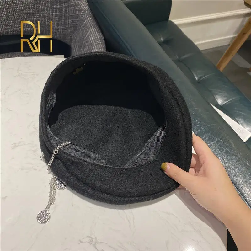 Зимний теплый шерстяной черный берет Женская Шапка-бини во французском стиле