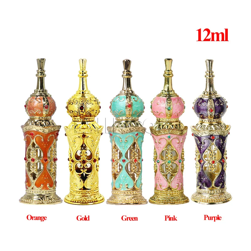 

12ml Arabic Style Building Retro Metal Perfume Bottle Antique Glass Flower Vine Essential Oil Bottles Empty Doterra Containers
