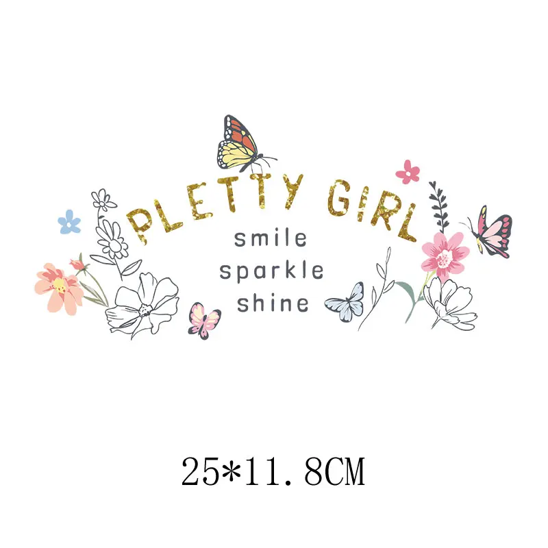 

25x11.8cm Letters Flower Butterfly Iron On Patches For DIY Heat Transfer Clothes T-Shirt Thermal Stickers Decoration Printing