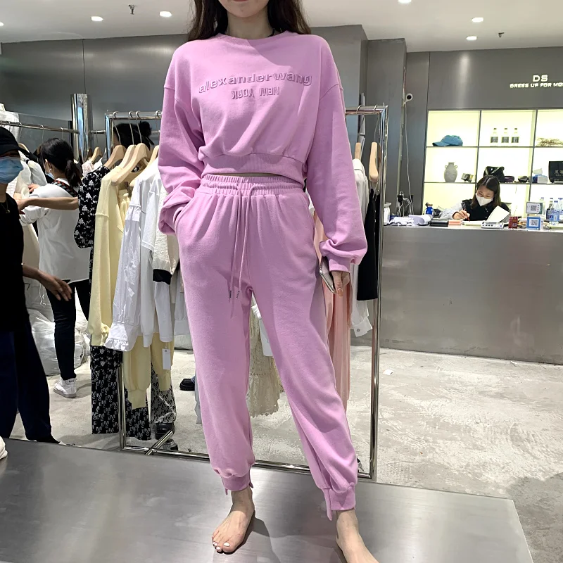 Women's casual suit 2022 embroidered letters long-sleeved sweater and drawstring elastic waist bungee pants casual 2-piece set