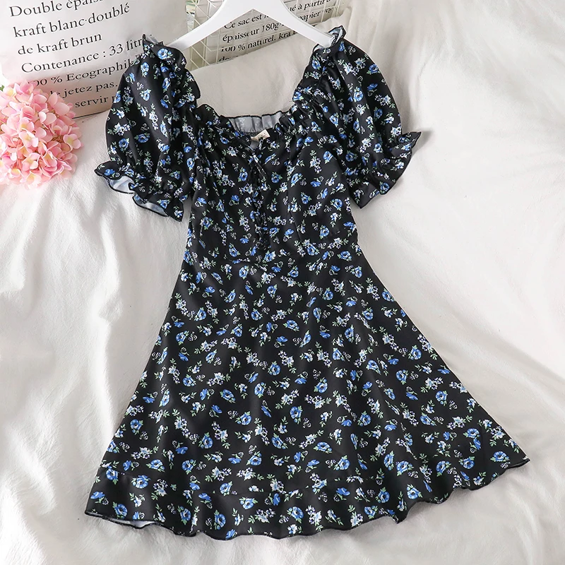 

Женское винтажное шифоновое платье, винтажное платье мини с цветочным принтом, короткими рукавами-фонариками и квадратным вырезом, лето 2021