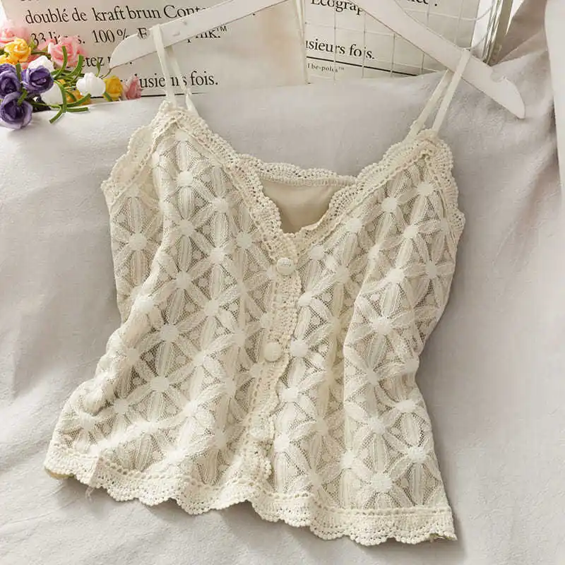 

Little fresh summer V-neck lace sling with sexy bottom vest for women