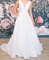 simple a line wedding dresses v neck sleeveless white ivory satin vestido de noiva elegant cheap bridal dress custom made