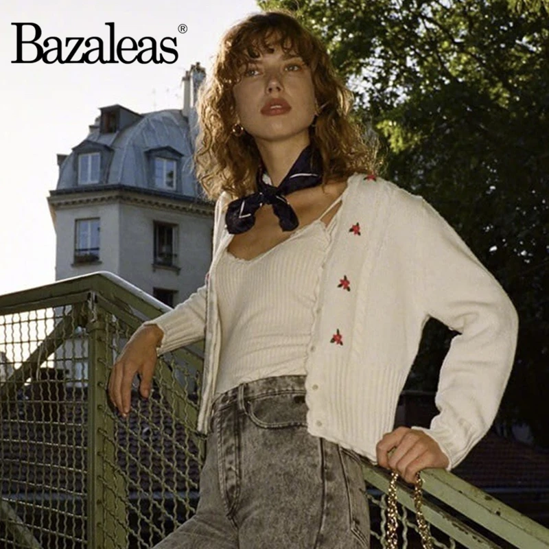 Bazaleas France floral embroidered women Sweater Retro White Emile Carfigans Vintage Center Buttons Warm Kintted sweater |