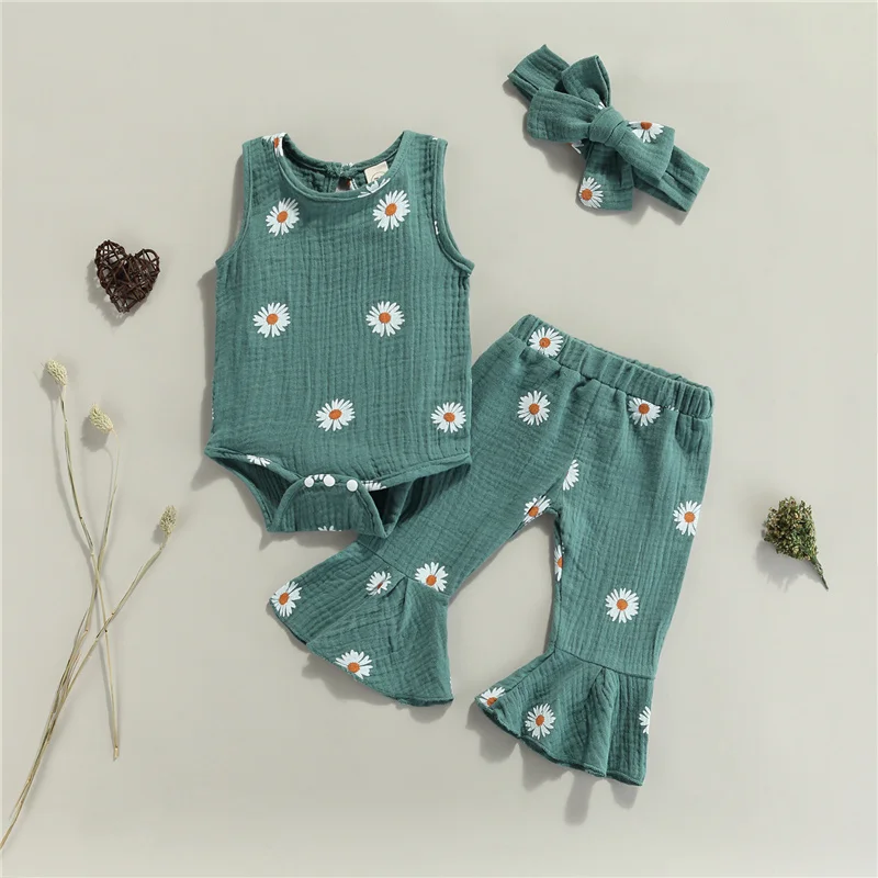 

3Pcs Newborn Baby Girls Daisy Print Cotton Clothes Set,Toddler Girl Sleeveless O-neck Romper+Flared Long Pants+Stretchy Headband