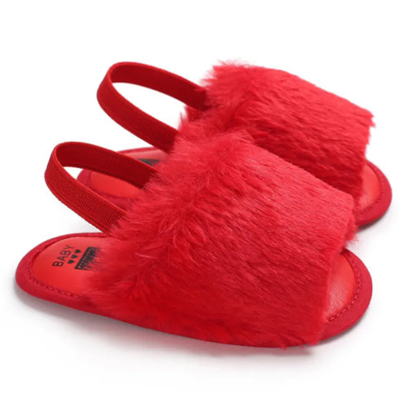 

Toddler Baby Girls Plush Sandals Soft Sole Faux Fur Flats Prewalker Slippers With Elastic Back Strap Home Baby Shoes