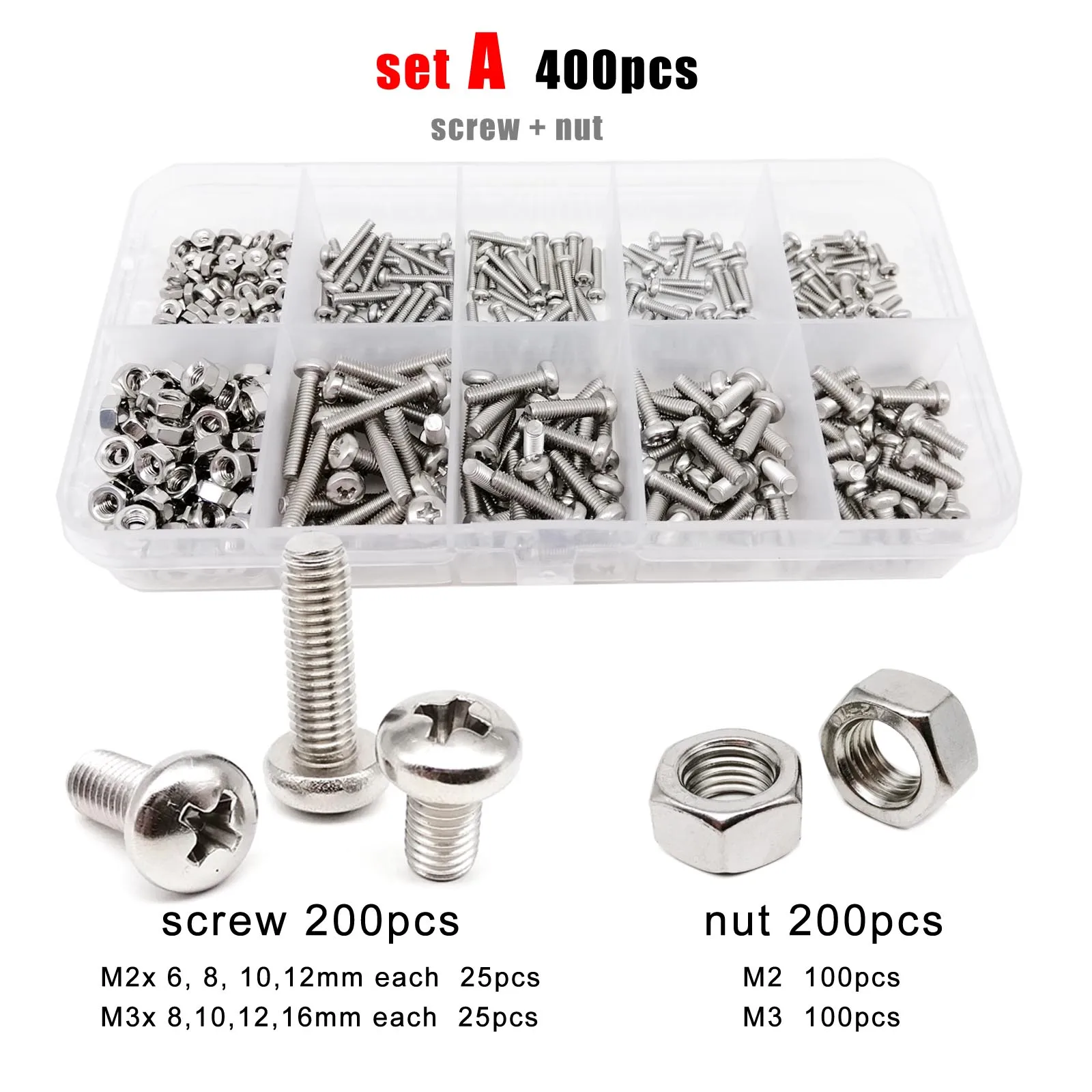 400/2100pcs M1.6 M2 M2.5 M3 M4 M5 304 Stainless Steel Cross Phillips Pan Round Head Screw Bolt Nut Washer Assortment Set Kit Box - купить по