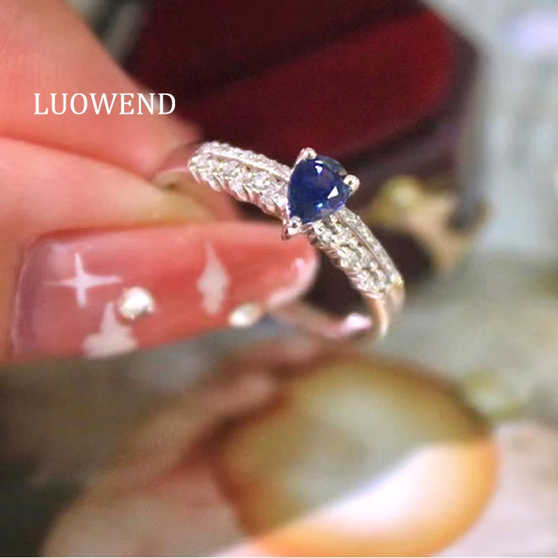 

LUOWEND 100% Real 18K White Gold Engagement Ring Pear Cut Blue Sapphire Jewelry Natural Diamond Ring for Women Wedding Jewelry