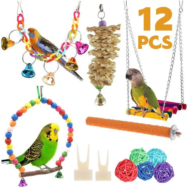 

Bird Cage Toys for Parrots Wooden Bird Parrot Perches Cage Toys Bird Cage Parrot Swing Hanging Chewing Bite Birds Accessories