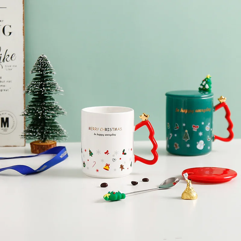 

2021 Christmas Trees Mug Ceative Cute Ceramic Cup Bowknots Snowmans Patterns Coffee Milk Water Mug for Tea Beautiful Xmas Gift