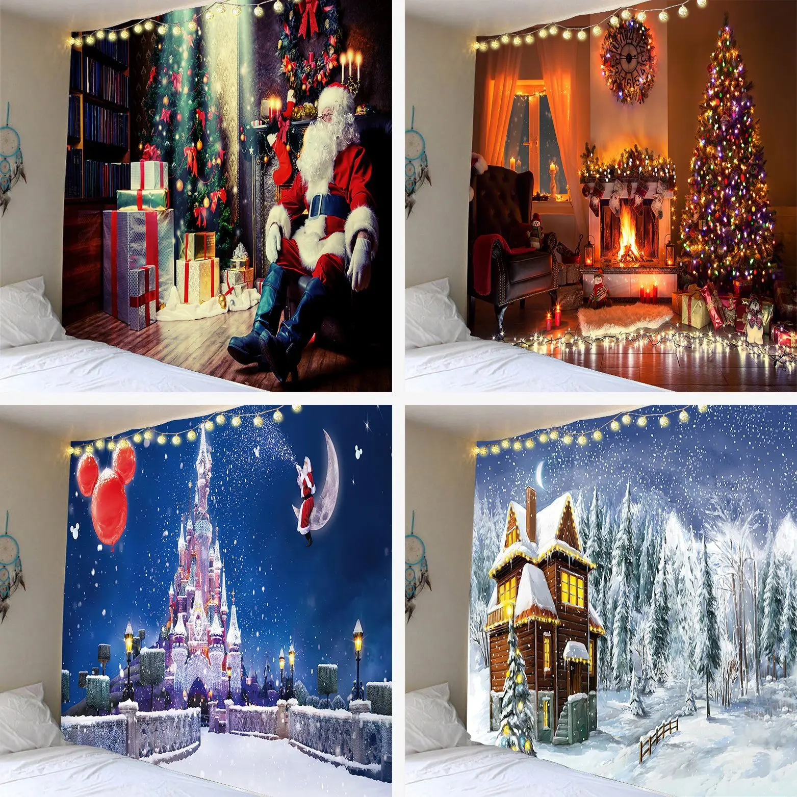 

Рождественский гобелен с Санта-Клаусом, снеговиком, новогодним фоном, настенное украшение, камин, чулки, подарки, подвесная ткань