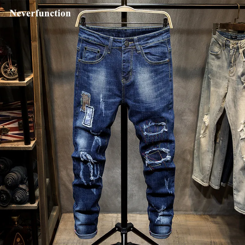 

Men Hip Hop Ripped patch Stretch Slim Fit Jeans Trousers streetwear man Cotton holes Destroyed Casual beggar Denim pants