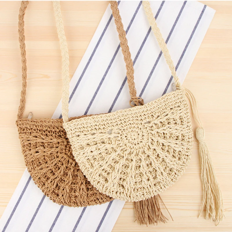 

New Design Straw Mini Handbags Halfmoon Crochet Envelope Messenger Beach Shoulder Purse Rattan Crossbody Bags for Women