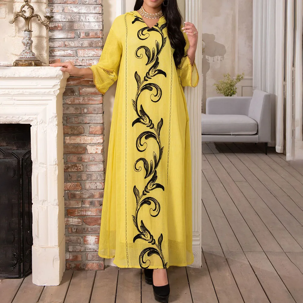 

Dubai Hijab Print Elegant Women Dress Vintage Long Sleeve Muslim Abaya Robe Islam Turkey Long Dress Autumn 2021 Femme Vestiods