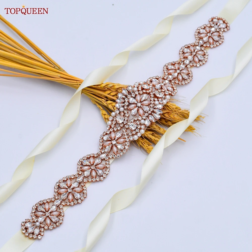 TOPQUEEN S161-RG Rose Gold Bridal Belt Luxury Pearl Rhinestone Moroccan Woman Sash Wedding Dress Accessories Jewelery Appliques