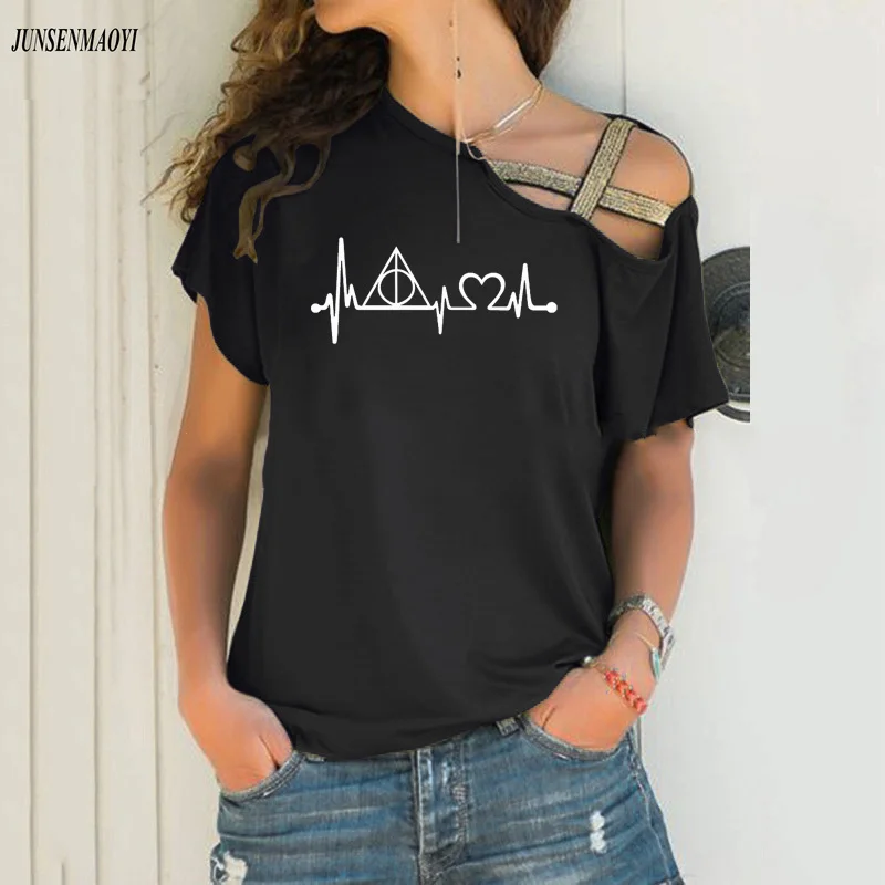 

Fashion summer t shirt women Deathly Hallows Heartbeat print tshirt Causal Irregular Skew Cross Bandage S-5XL tee tops