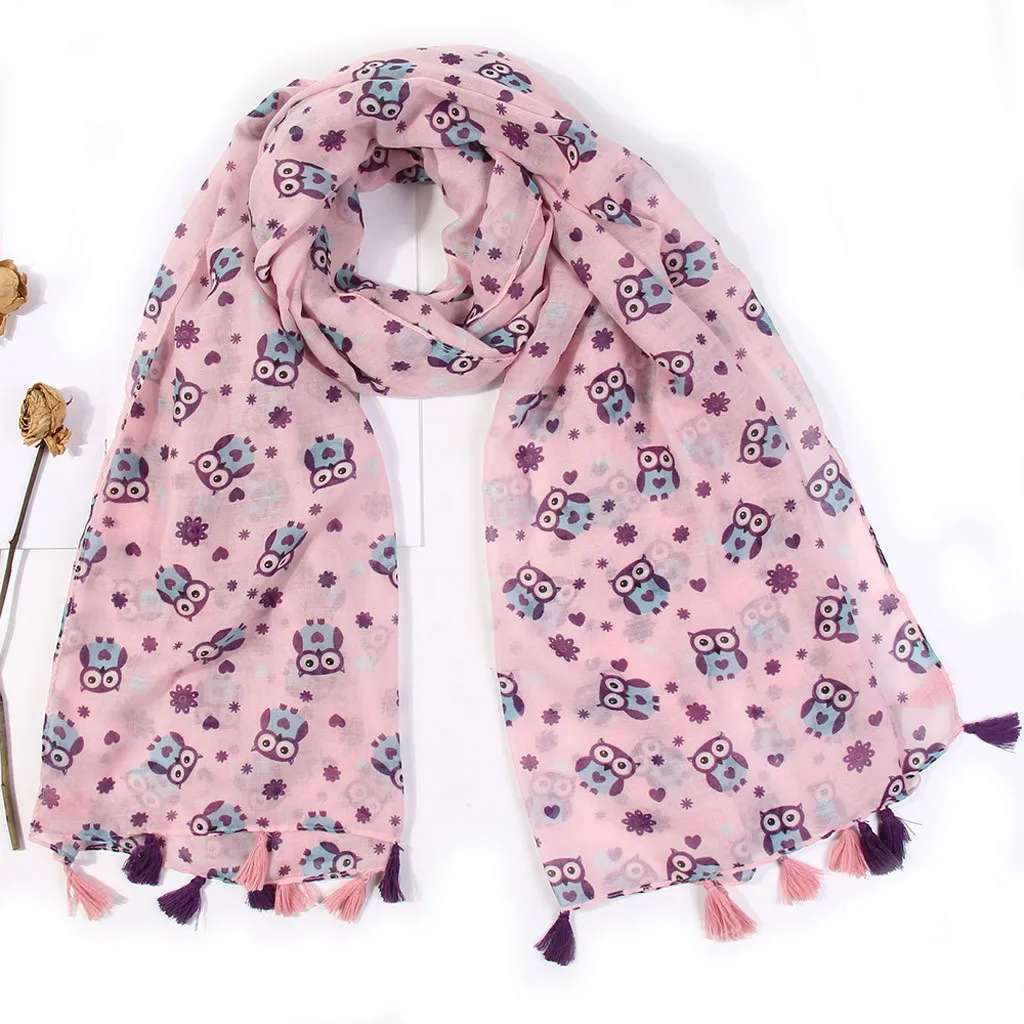 Модные зимние теплые шали шарф женский с принтом Совы и кисточками роскошный