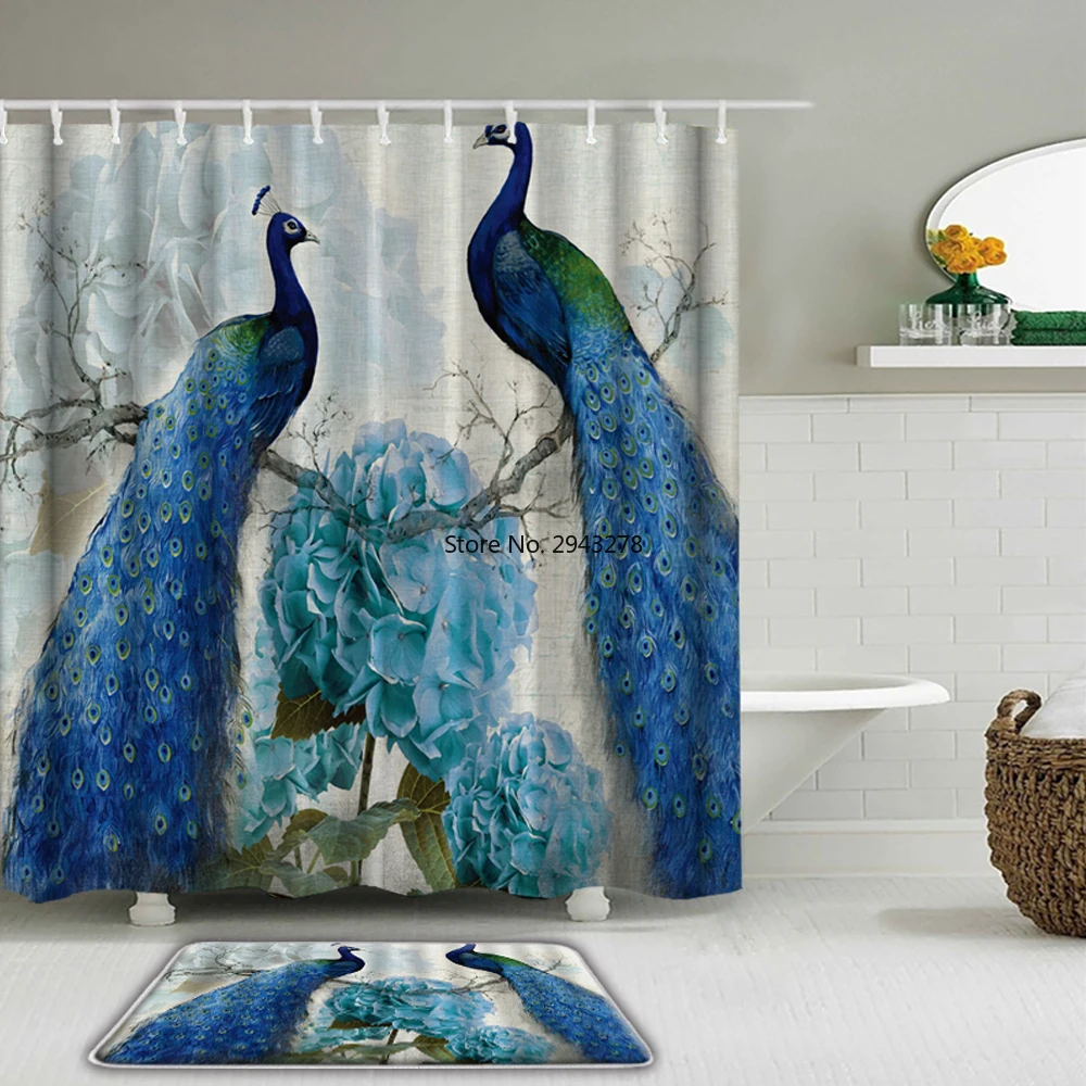 

Peacocks Shower Curtains Waterproof Bathroom Curtain Toilet Mat Non-Slip Rug Set Bathtub Decor Birds Shower Curtain