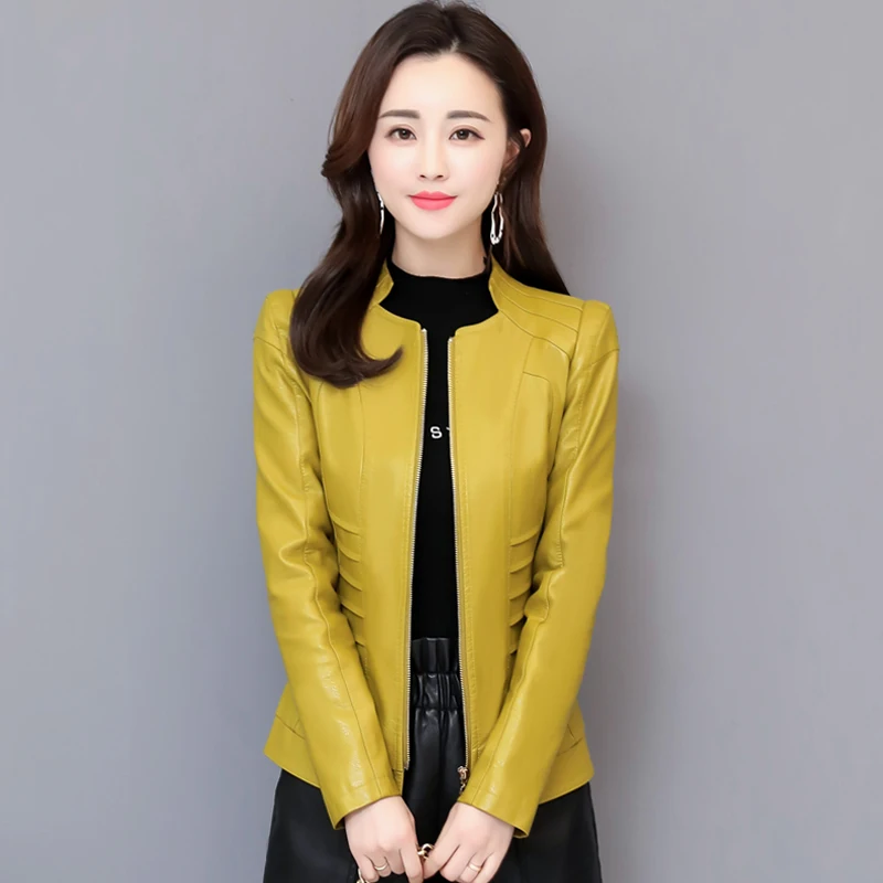 

JCHB 2021 Spring and Autumn New Leather coat women's short Korean style slim fit coat women's stand collar large size leather