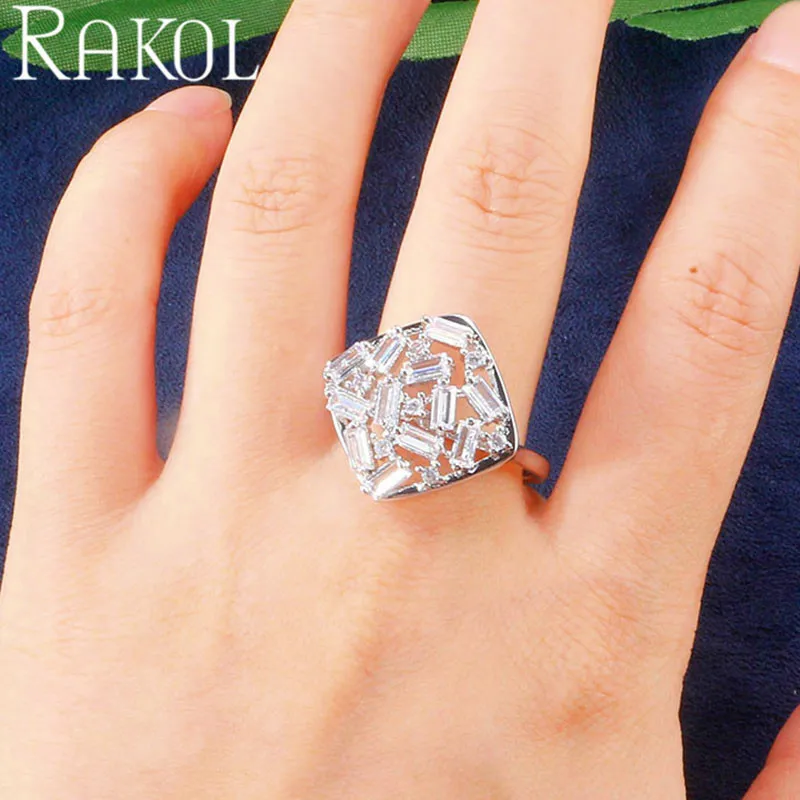 RAKOL Punk Shiny Baguette CZ Zirconia Stone Cluster Luxury White Gold Color Rings For Women Ladies Crystal Brand Finger Jewelry | Украшения